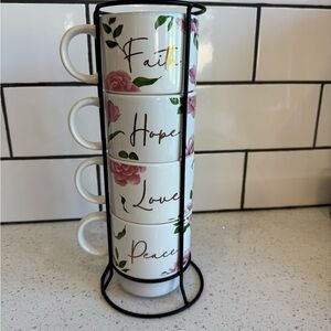 Like New Set of 4 Stackable Ceramic Mugs with Stand – Faith, Hope, Love, Peace